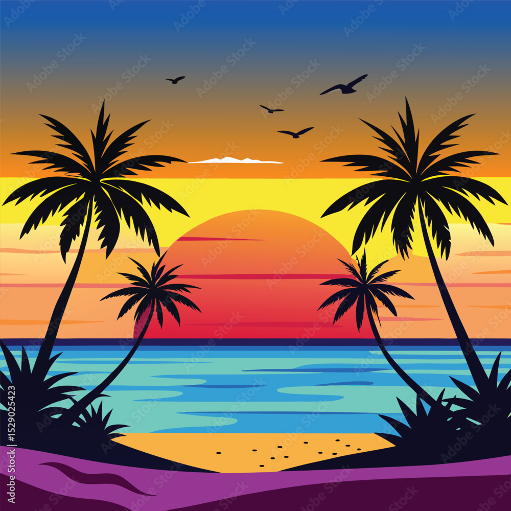 retro Tropical Sunset Beach Scene with Palm Trees and Silhouette Fisherman
retro Tropical Sunset Beach Scene with Palm Trees and Silhouette Fisherman