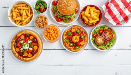 Wallpaper Mural top view of a colorful assortment of fast food items arranged neatly on a white table, with plenty of copy space at the bottom for text or s. Torontodigital.ca