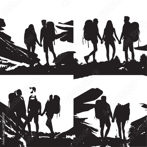 Hiking Couple Silhouette Vector Outdoor Trekking and Adventure Scene whith white baground