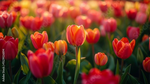 A captivating field of blooming tulips in warm colors illuminated by sunset, showcasing the beauty of nature and the joy of the spring season in full bloom.