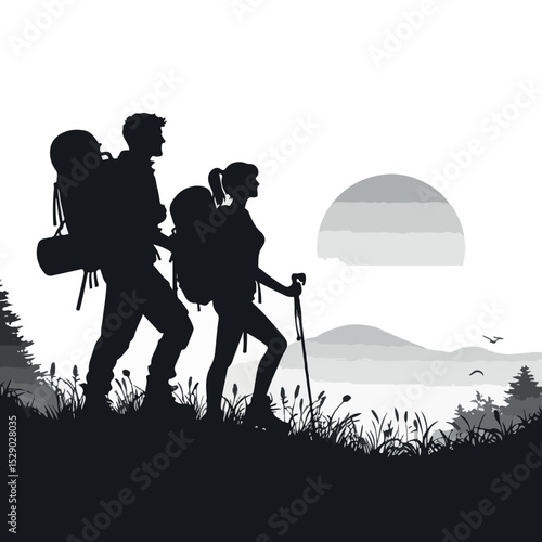Hiking Couple Silhouette Vector Outdoor Trekking and Adventure Scene
