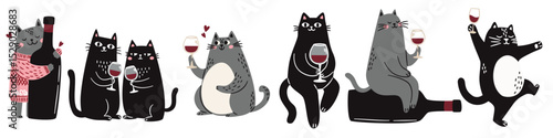 Cute Scandinavian style cats with a glass and a bottle of wine, singing and taking a bath. Flat vector illustrations on white background . Vector illustration