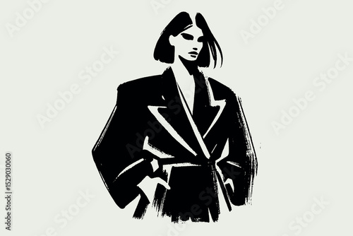 Woman in oversized suit, black brush sketch vector illustration