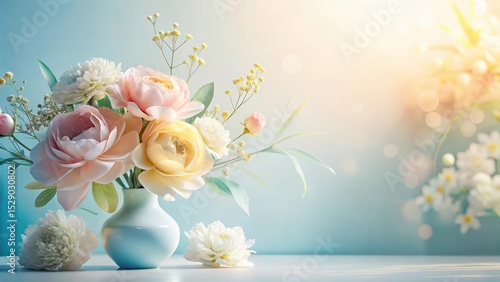 Pastel Roses and Delicate Blooms in a Serene Vase Arrangement, Softly Lit by Warm Sunlight, Creating a Peaceful and Elegant Atmosphere