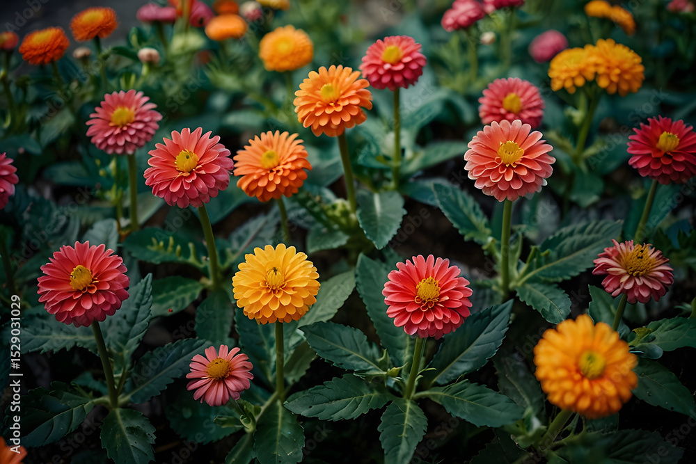 custom made wallpaper toronto digitalColorful flowers background, vibrant zinnia flowers blooming in a colorful garden with fresh green foliage, space for text overlay and colorful garden of zinnias in various hues including orange.