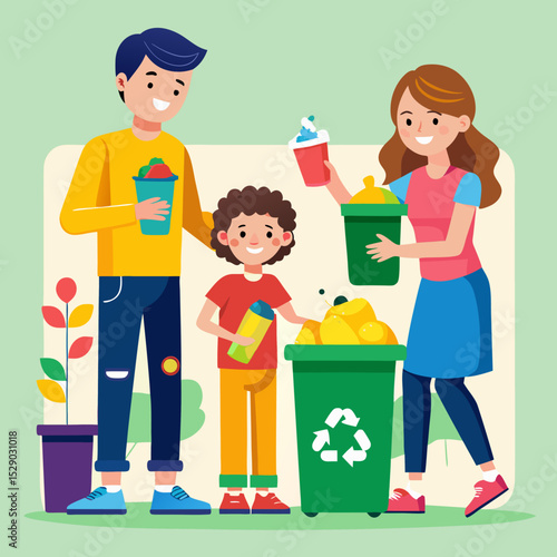 Cute vector illustration of family recycling plastic and food waste with kids smiling and sorting trash into bins created for environmental education posters