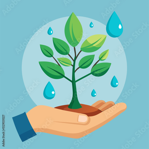 Vector illustration of hand with green plant surrounded by blue water drops and earth orb designed for reforestation and sustainable ecology campaigns