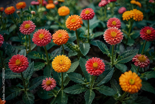 Wallpaper Mural Colorful flowers background, vibrant zinnia flowers blooming in a colorful garden with fresh green foliage, space for text overlay and colorful garden of zinnias in various hues including orange. Torontodigital.ca