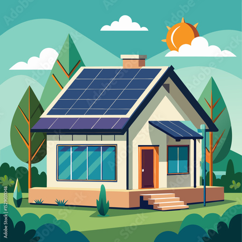 Sunny vector illustration of eco-friendly suburban home with solar panels and garden created for sustainability education and residential clean energy visuals