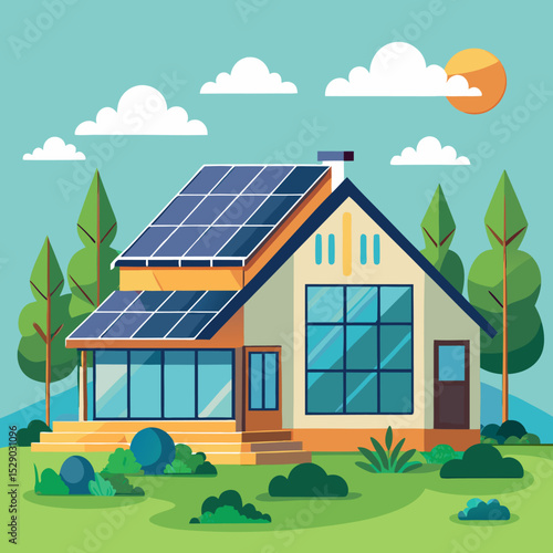 Sunny vector illustration of eco-friendly house with solar panels and trees in a clear blue sky landscape created for clean energy and green living promotion
