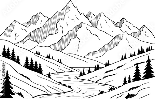 Mountain landscape with river and trees black and white illustration