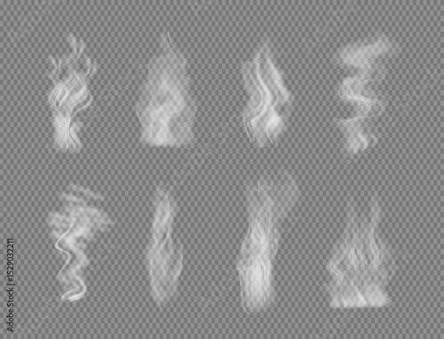 White Realistic Smoke elements flowing on dark background. Translucent curving 3D steam shapes with mystical effect. Hot food and drink vapor, hookah cloud overlays, smog vector design.