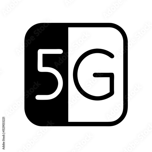 Square icon with 5G lettering, representing fifth-generation mobile networks, high-speed data, and wireless internet.
