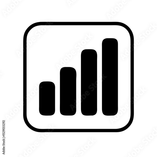 Square icon showing ascending signal bars, symbolizing wireless network strength, reception, and mobile connectivity.
