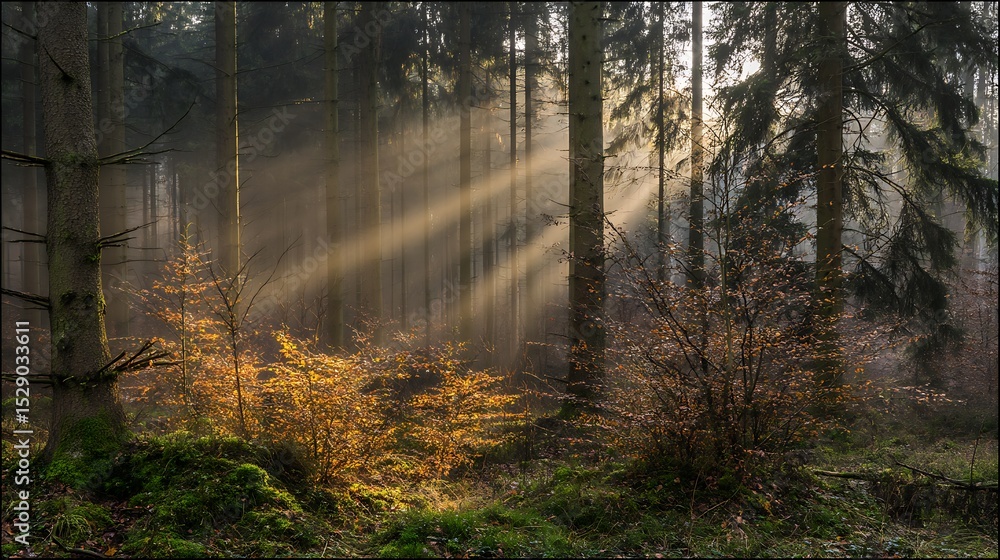 Obraz premium Sun rays shining through misty forest