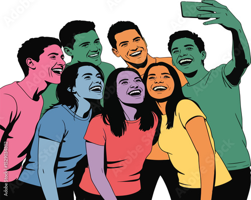 Group of seven young adults smiling and taking a selfie with a mobile phone in a colorful style