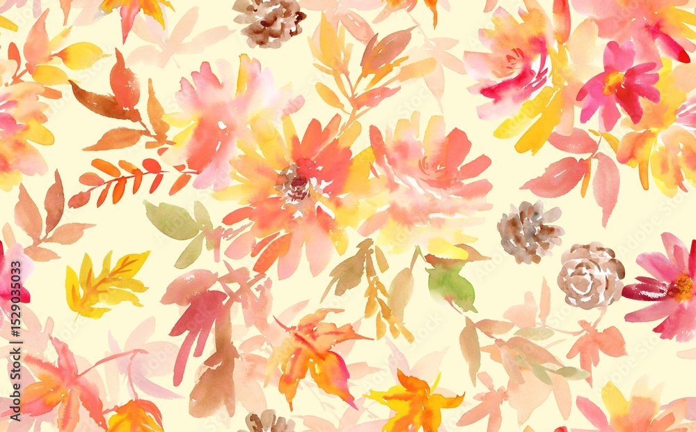 Obraz premium Seamless pattern of abstract autumn leaves, flowers painted in watercolor. Hand-drawn dahlias, autumn leaves and sunflower textile design for Thanksgiving. Wallpaper with dahlias, sunflowers.