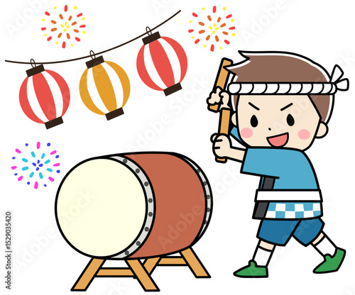 夏祭りで太鼓を叩く子供のイラスト