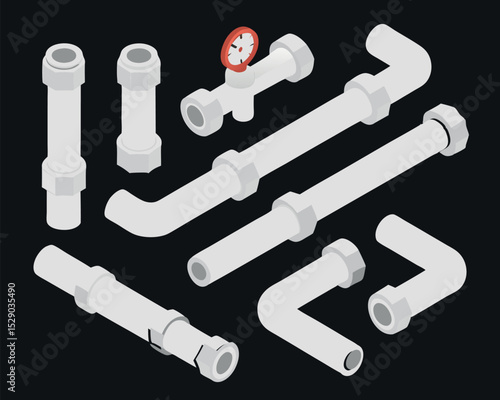 Industrial isometric pipe system vector set showing steel pipes with valves and connectors for gas, oil, and water applications, isolated layout.