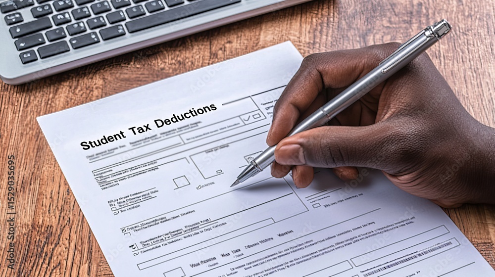 Obraz premium A close-up of a person's hand filling out a Student Tax Deductions form, emphasizing financial planning.