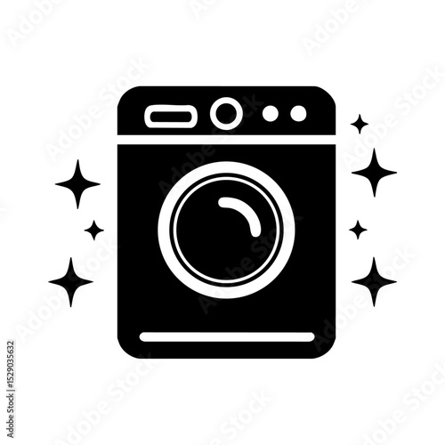 Vector icon of a front-loading washing machine with sparkle effects.

