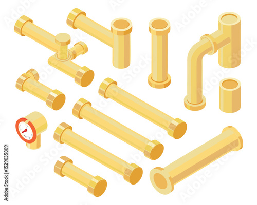 Set of yellow gas pipe fittings, valves, and connectors in isometric style, isolated for industrial and construction design applications.