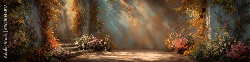Vibrant floral garden scene, sunlit vintage background.  Columns, flowers, and leaves create a romantic atmosphere. Ideal for websites, cards, and advertising.