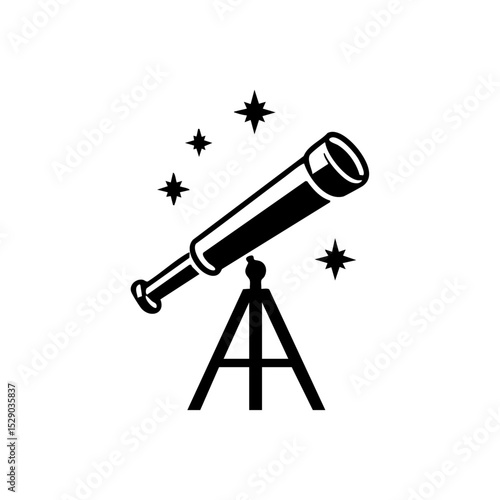 Astronomy telescope icon with starry night elements in minimal black style.

