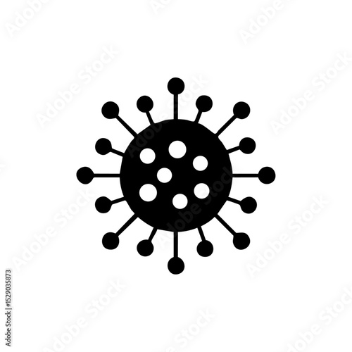 Minimalist black vector of a virus cell with spike proteins in a circular layout.

