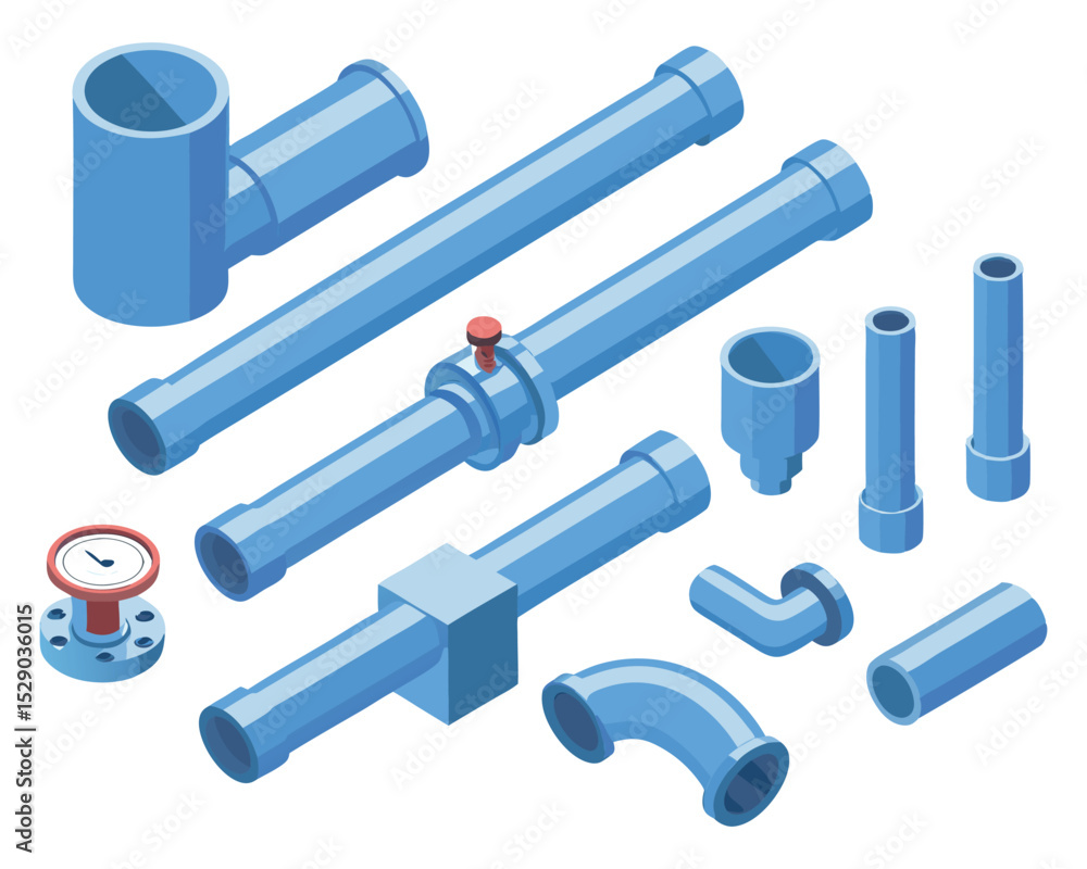 Fototapeta premium Isometric illustration of blue plumbing and water pipeline components including valves, gauges, and connectors for industrial fluid systems.