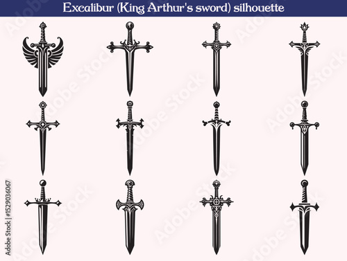 Excalibur (King Arthur's sword) silhouette vector set
