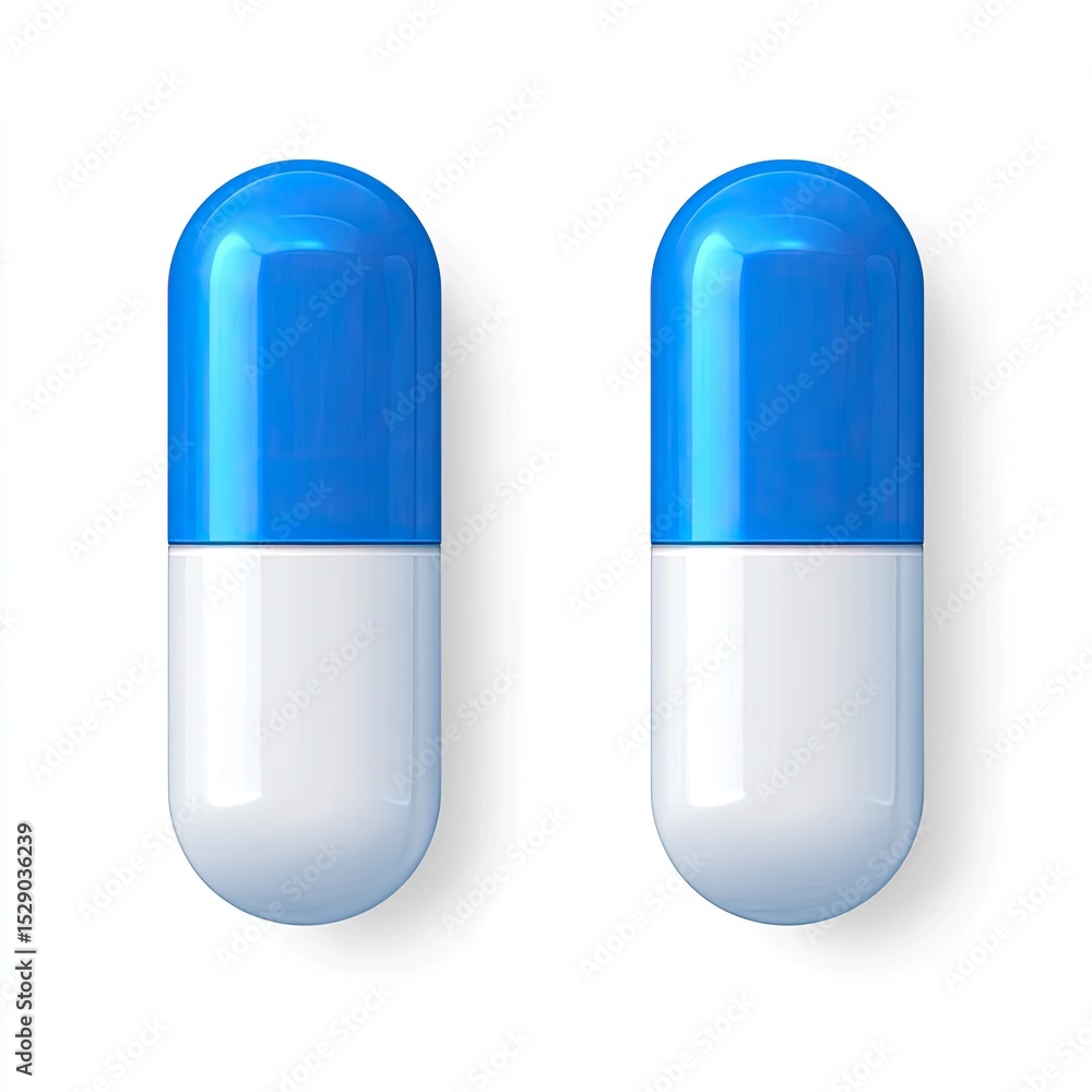 Two glossy, vibrant blue and white capsules Two glossy, vibrant blue and white capsules