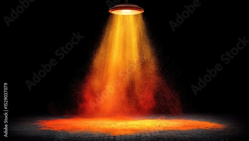 Spotlight illuminates orange dust on dark floor
