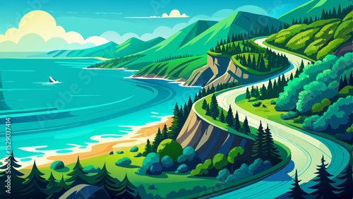 Stunning aerial view of a scenic coastal road winding through a lush green forest, with turquoise ocean waves crashing against the shoreline