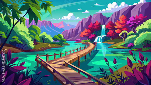 Infrared filtered view of Plitvice Lakes National Park in Croatia, featuring a wooden footbridge crossing the crystal-clear lake. Splendid summer scenery with surreal colors