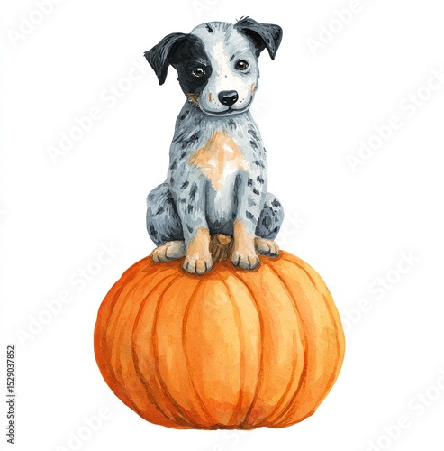 Adorable Blue Heeler Puppy Perched Atop a Ripe Orange Pumpkin, Watercolor Painting