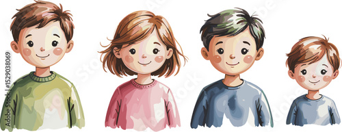 Cute watercolor portrait of happy children, boys and girl smiling, cartoon faces, childhood expression, colorful art, hand-drawn illustration.
