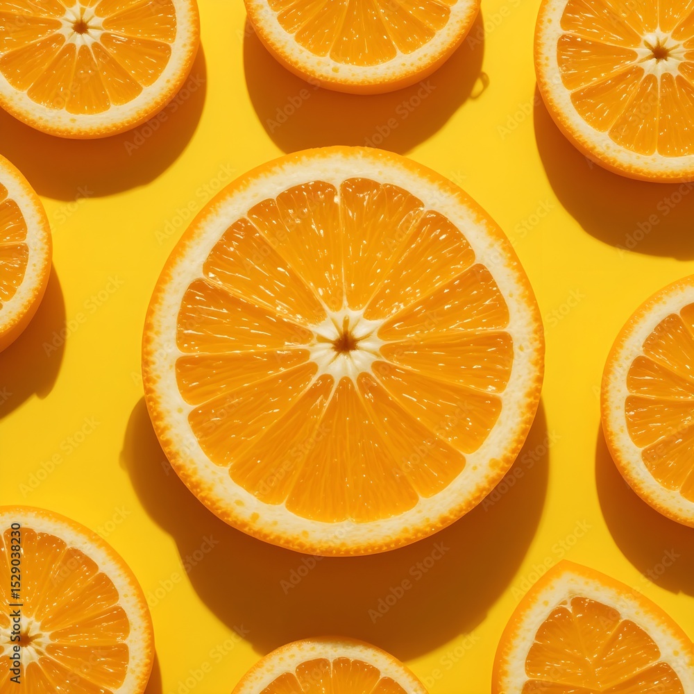 Fototapeta premium Bright orange slices on yellow background
