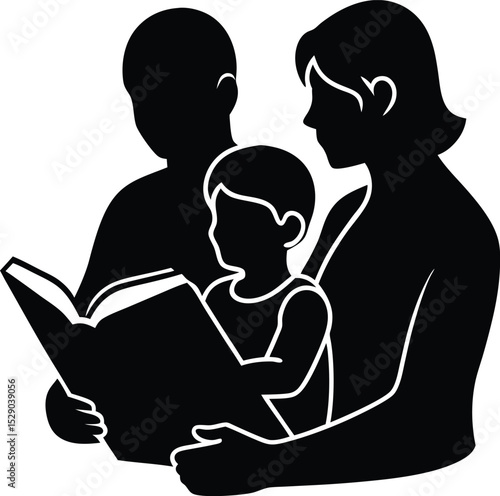 Family reading book silhouette isolated on transparent background