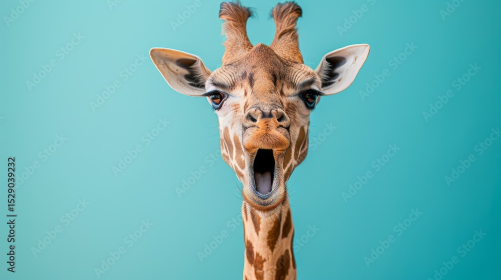 Naklejka premium A striking close-up of a giraffe with an expressive face against a vibrant blue background, showcasing its uniqueness and charm in a playful and engaging way.