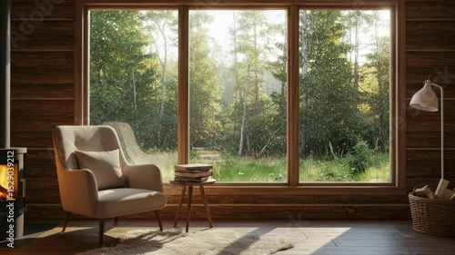 Cozy Cabin Interior with Rainy Woods View