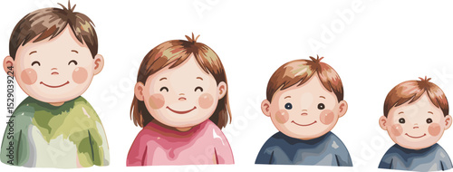 Cute smiling children portraits illustration, happy kids in colorful clothes, cartoon style faces, childhood expressions, watercolor design, joyful artwork