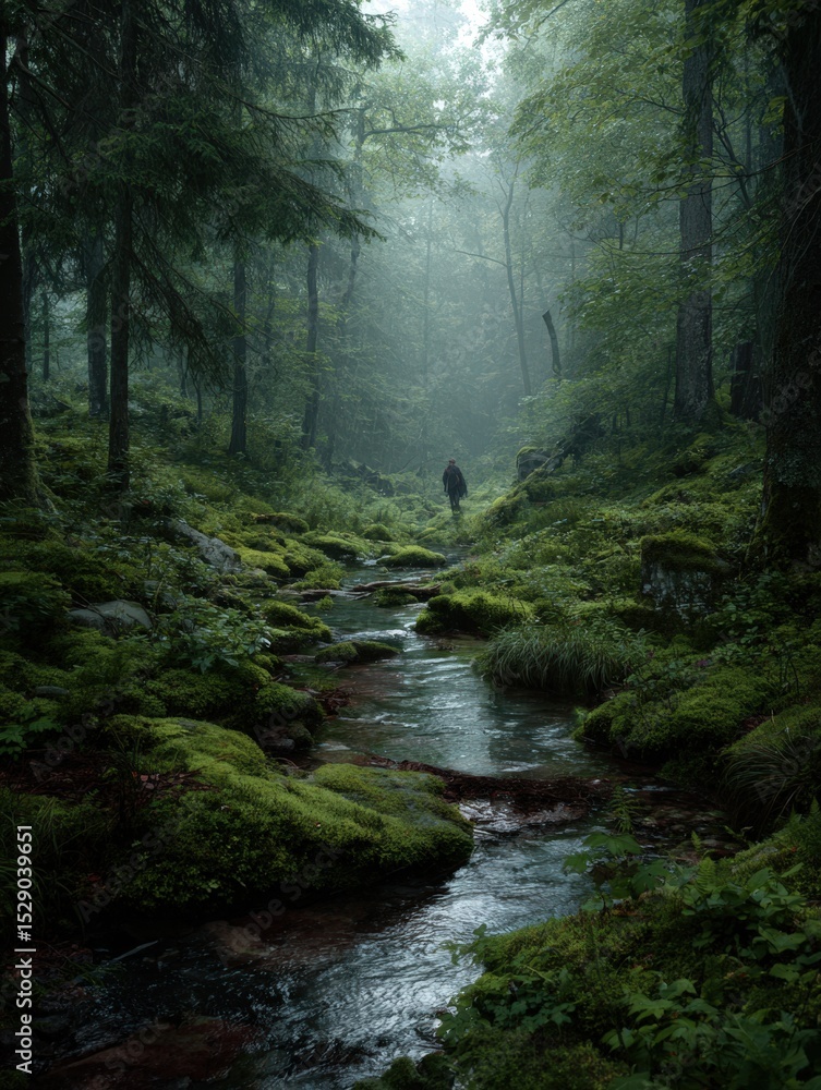 Obraz premium Person walks along a mossy stream in a misty forest. Tranquil, serene atmosphere. Ideal for websites, advertising, and print projects related to nature, travel, and tranquility.
