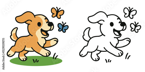 Coloring Book For Kids Cartoon Playful pup chasing butterflies Outline Vector Design