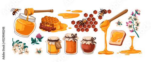 Honey set. Bee, honeycomb, jar and pot with natural apiary products. Honeybees, flowers, sweet nectar melting, dripping from spoon, comb, cells. Flat vector illustrations isolated on white background