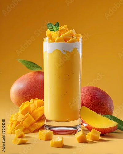 Mango Smoothie with Fresh Fruit Topping – Refreshing Summer Beverage on Yellow Background