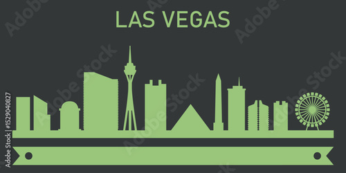 the silhouette of the city of Las Vegas with a green outline of skyscrapers on a dark background. Above the silhouette is a ribbon with the inscription “LAS VEGAS” in the same green color.