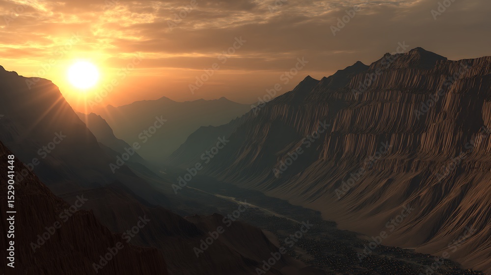 Fototapeta premium Golden sunset illuminating canyon landscape view