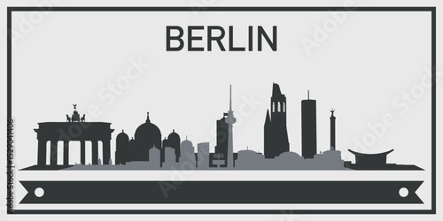 Silhouette of Berlin city skyline with minimalistic design in black and gray color scheme and decorative ribbon for text on the bottom. Vector on a gray background