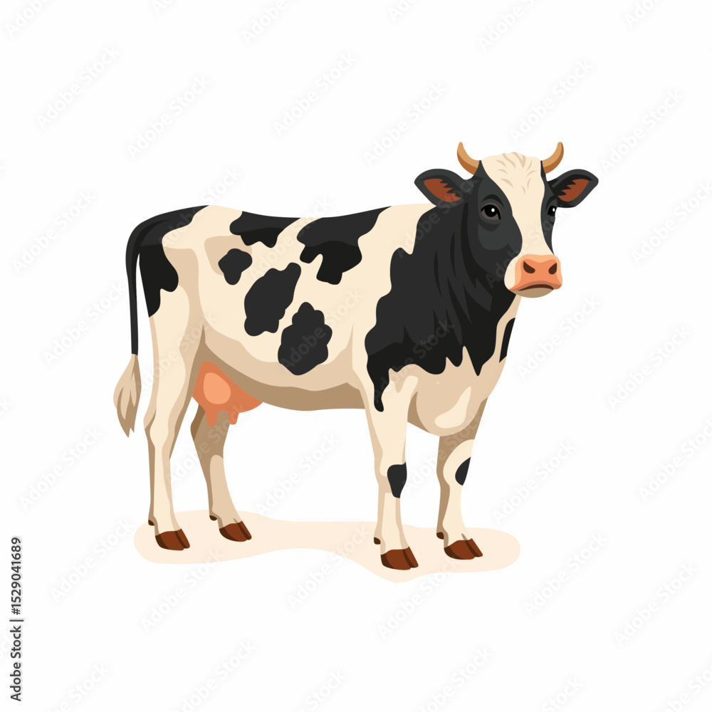A black and white dairy cow stands, facing forward on a white background. A black and white dairy cow stands, facing forward on a white background.